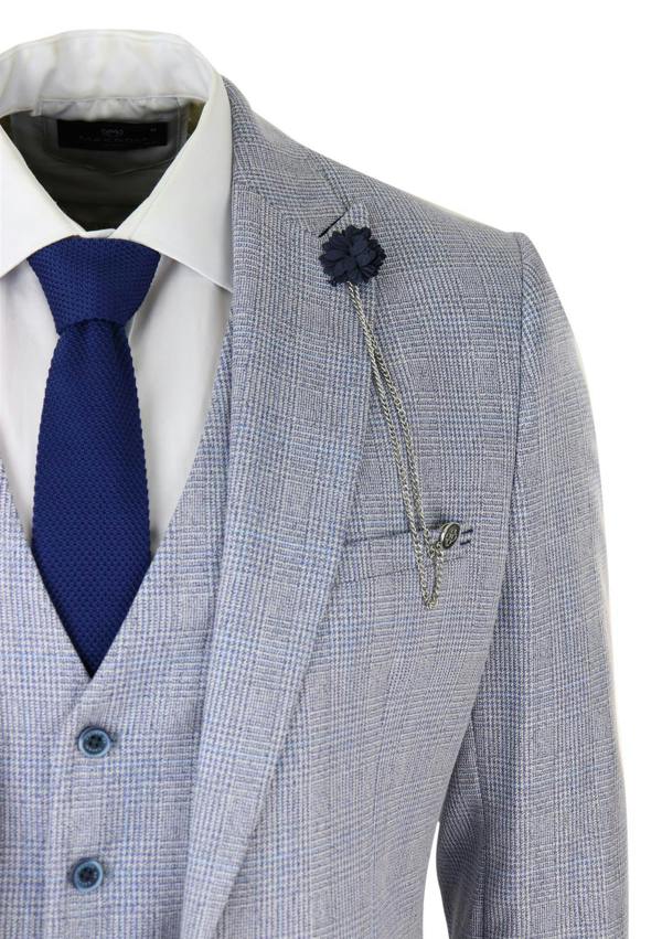 House of Cavani Mens 3 Piece Tweed Suit Light Blue Check Peaky Blinders 1920 Gatsby Wedding Suit