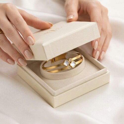 The Colourful Aura 18k Gold Plated Double Band Clover Bangle Bracelet
