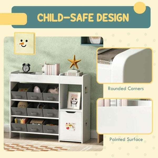 Bobobiy Kids Toy Storage, 9 Removable Fabric Bins, Wooden Toy Storage Units for Toys and Books for Bedroom, Nursery, White