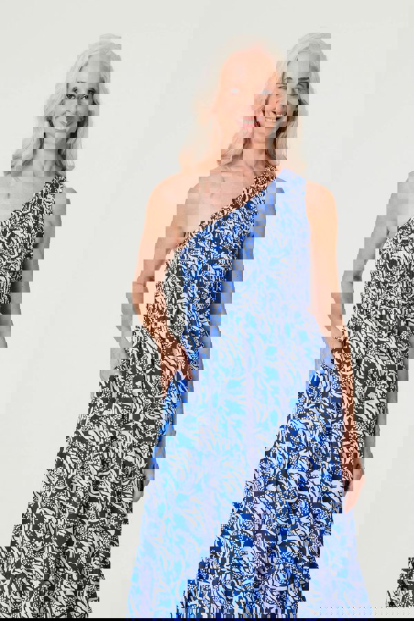 Blue | Printed Asymmetric Midi Sun Dress