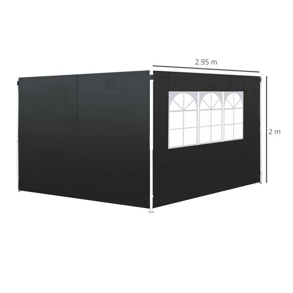 Black gazebo side wall panel with rectangular arched window insert and size markings