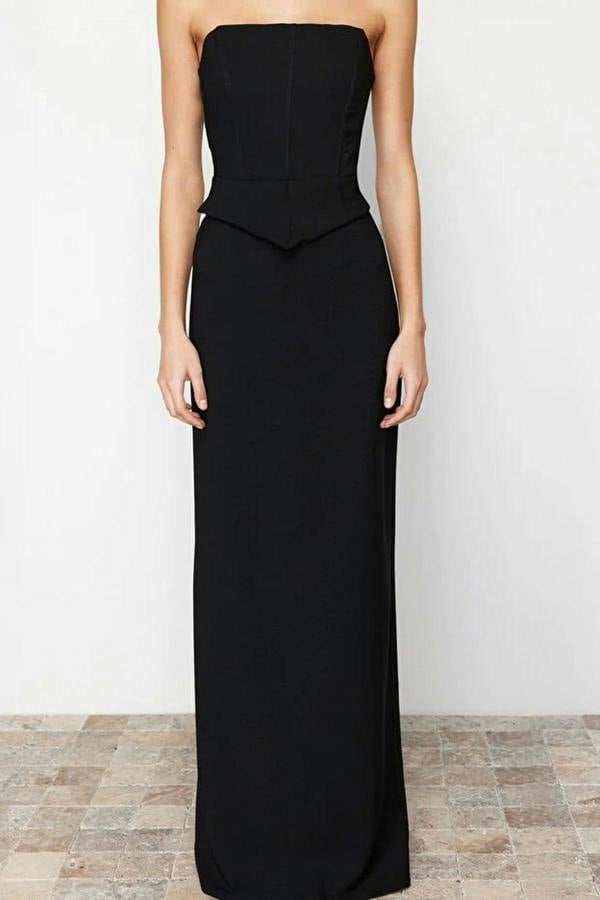Corset Detail Woven Long Evening Dress