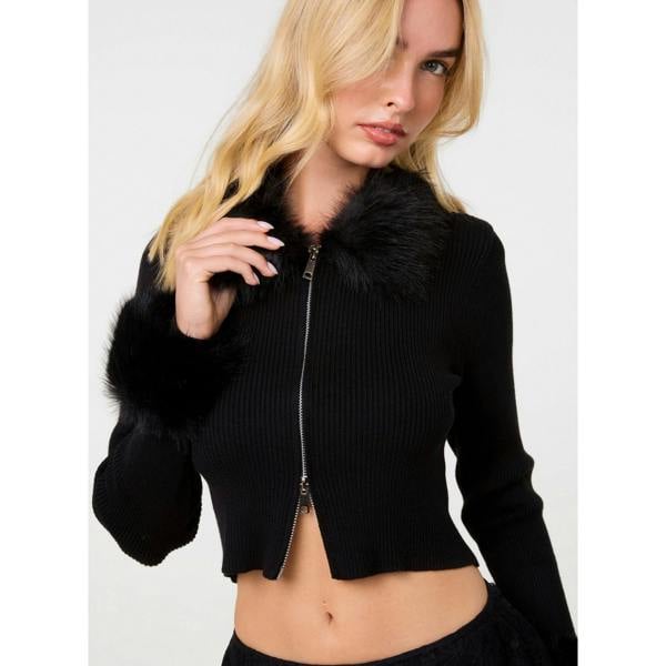 Pink Vanilla Fur Trim Zip Through Cardigan
