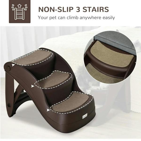 Brown 3-step dog stairs with beige non-slip treads and curved side rails