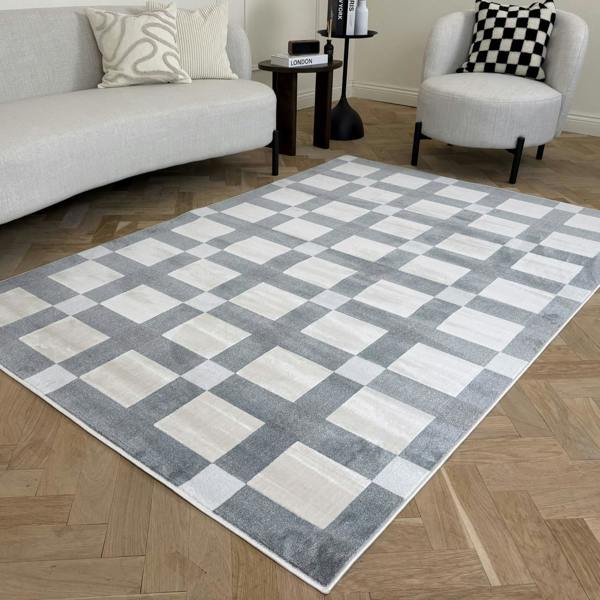 Checkered area rug on a wooden floor with a living room setting.