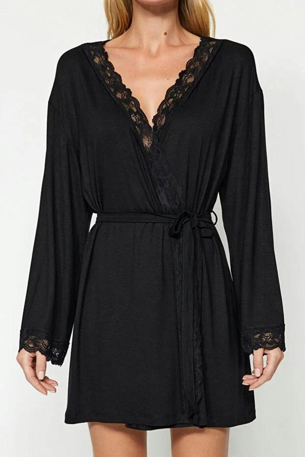 WOVCOR Viscose Knit Dressing Gown with Belt and Lace Detail