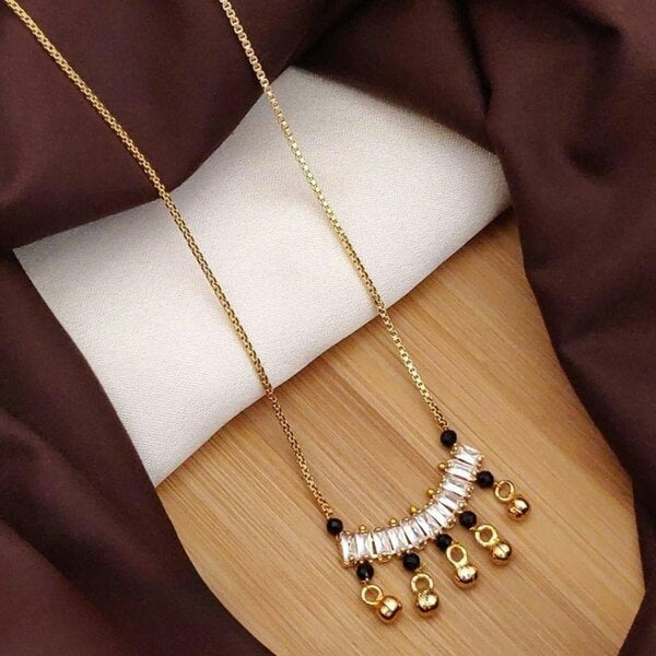 The Colourful Aura Indian Nazarian Gold Mangalsutra Black Bead Zircon Bar Bell Drop Necklace