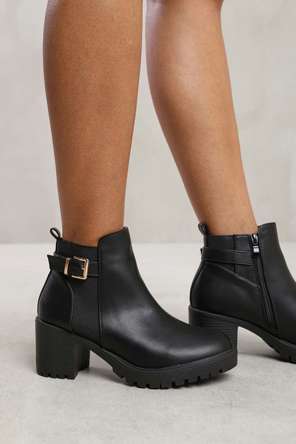 Where's That From Arleth Mid Block Heel With Buckle Detail Stretch Ankle Boots in Black