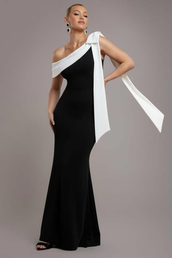 One Shoulder Contrast Bow Maxi Dress - Black Cream DR4717
