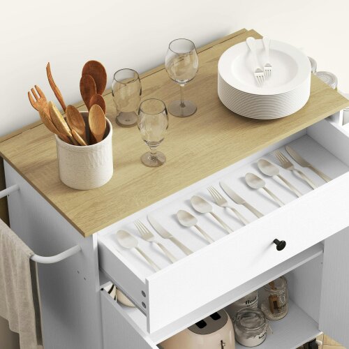 Wyld Haus Seto Wooden White Rolling Kitchen Island With Drop Leaf Drawer Spice Rack And Towel Rail