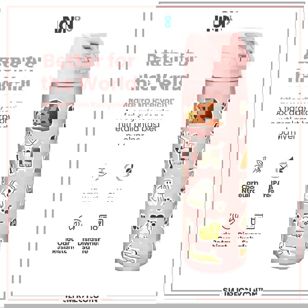 A pink water bottle, decorated with cartoon dogs and a ladybug, sits against a white background. It's made from a plant-based polymer and is BPA free, dishwasher safe, and odor resistant. The text also states that it is carbon neutral.