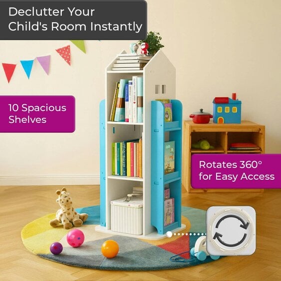 Neo Kid's Freestanding Bookshelf Blue House Shaped 360° Rotating