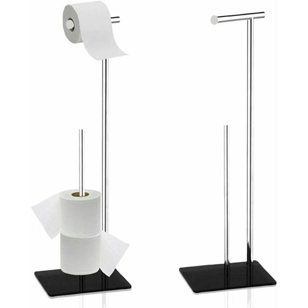 Dyzi Freestanding Toilet Roll Holder & Storer Black Glass Base 60.5cm