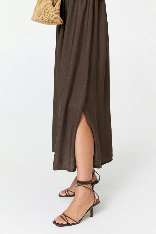 Brown | Shirred Sleeveless A-Line Maxi Dress