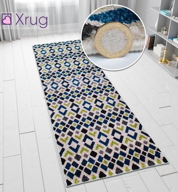 Cream Blue Green Rug Geometric Diamond Pattern Carpet Runner Modern Small Large