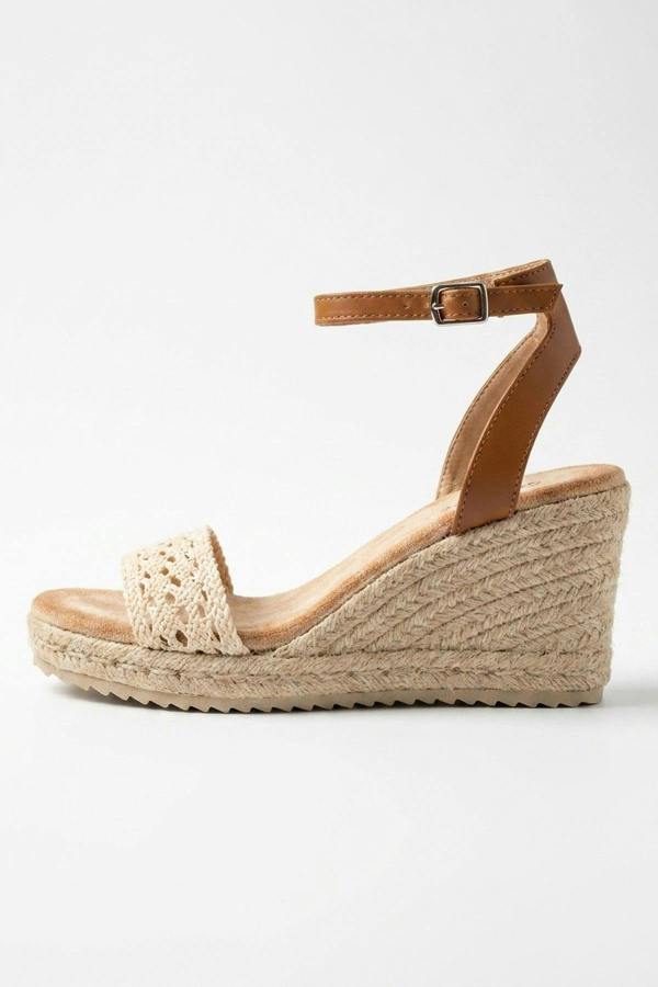 Pearl Crochet Strap Espadrille Wedge Sandals - Beige