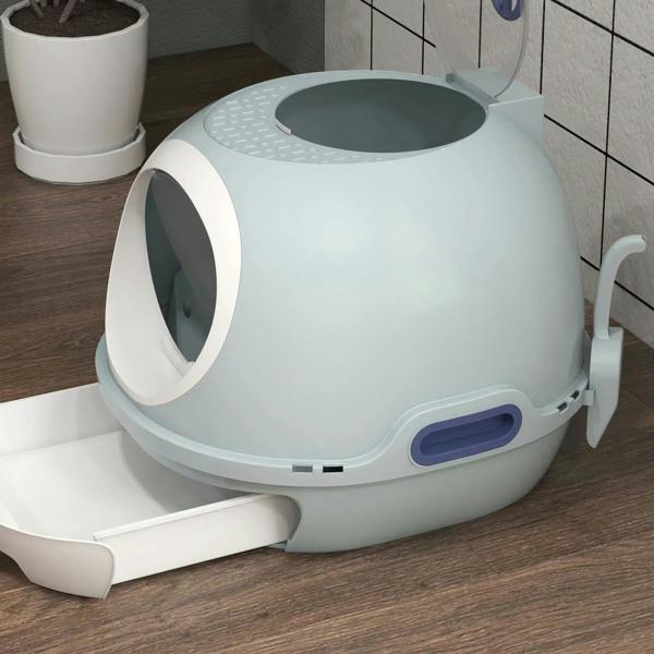 Blue enclosed cat litter box with open front drawer tray and circular side entry door