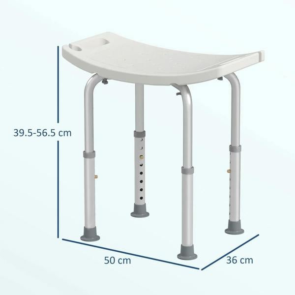 White height-adjustable bath stool with contoured seat and four adjustable legs