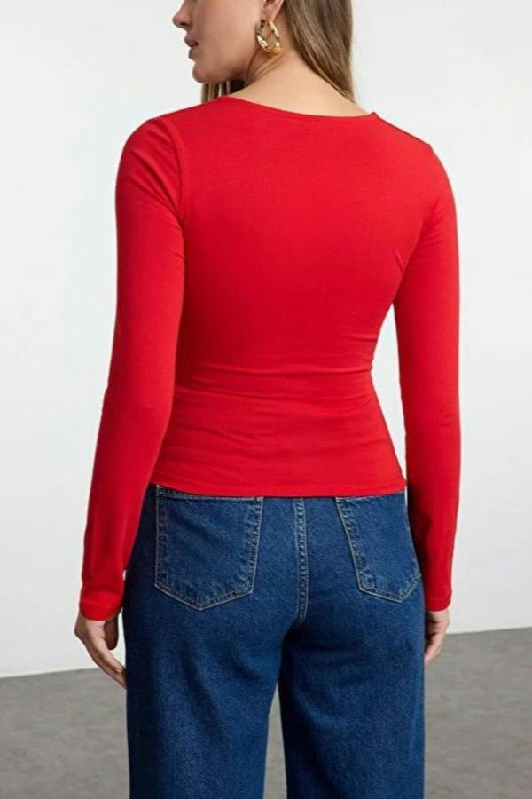 WOVCOR Square Neck Draped Detailed Fitted Knit Blouse