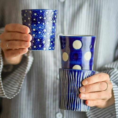 Love Frankie Cobalt Patterned Stoneware Cups - 3 Designs to Choose From
