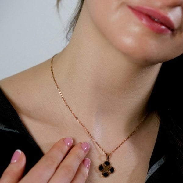 The Colourful Aura Black Enamel Minimalistic Clover Pendant Necklace and Earring Set