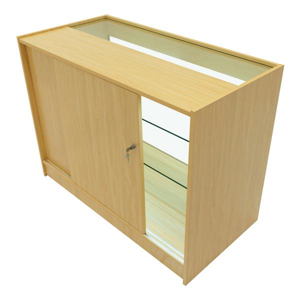 Polaris LED Shop Counter Set in maple finish, featuring a sleek design, glass shelves, and a sliding door for easy access