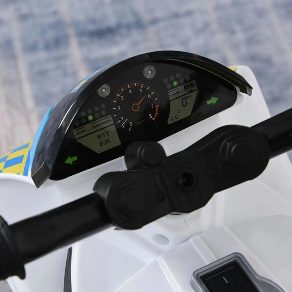 Dashboard display and steering controls on a blue and white police ride-on bike