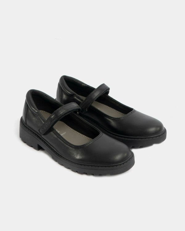 GEOX JR CASEY Girls Matte Black Leather School Shoes
