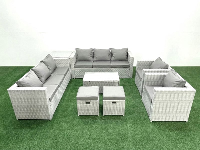 Fimous Outdoor Rattan Sofa Garden Furniture Set with 2 Armchairs Oblong Coffee Table 2 Small Footstools Side Table Light Grey Mixed