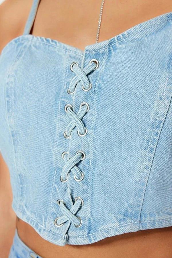 WOVCOR Tie-Detail Sweetheart Neckline Fitted Crop Denim Bustier
