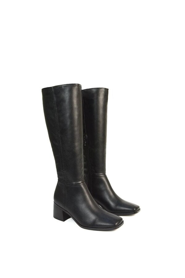 XY LONDON Square Toe Zip Up Knee High Calf Boots With Low Heel