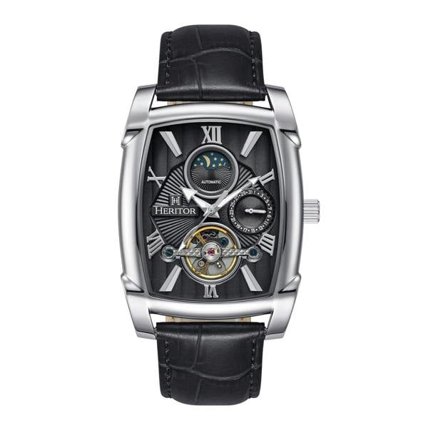 Heritor Automatic Valentin Leather-Band Watch w/Date - Silver/Black - HERHS4401