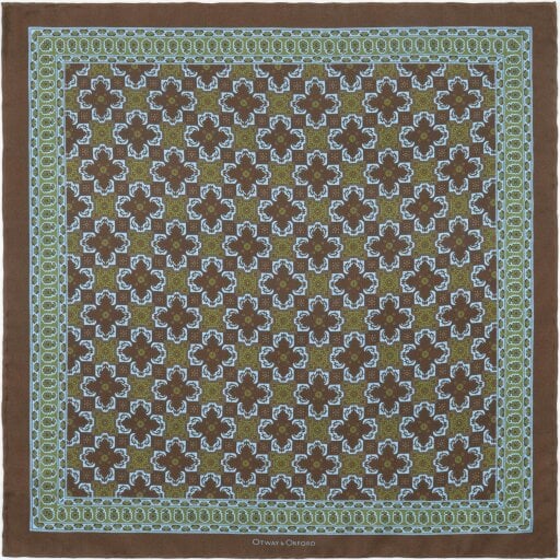 Otway & Orford 'Arabesque' tile design silk pocket square in brown, green & turquoise (42 x 42cm)