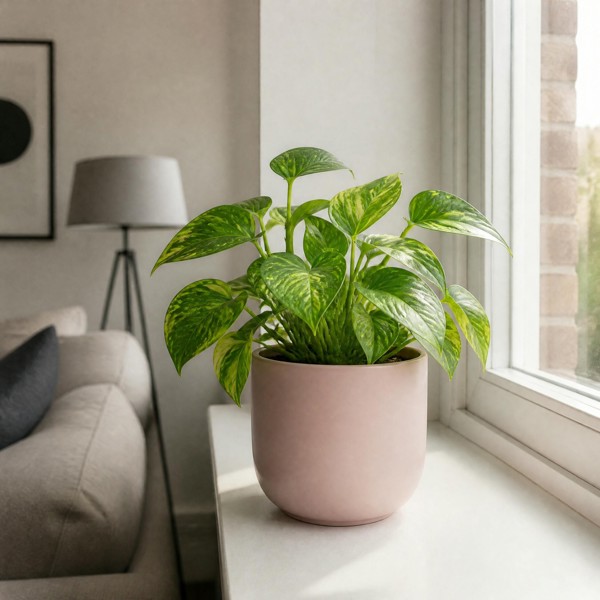 Epipremnum Aureum – Golden Pothos Devil’s Ivy Houseplant in 12cm Pot - Matt Pink Ceramic Pot - 1