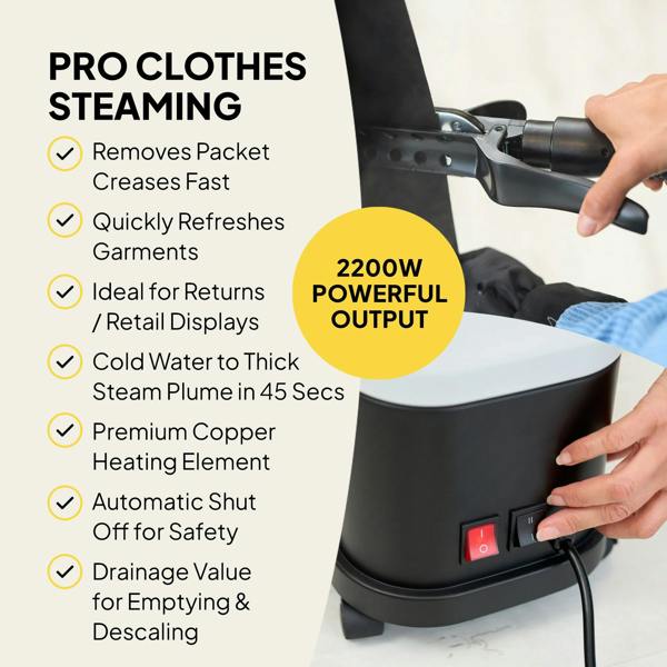 A person uses the Fridja Commercial Garment Care Duo – f1600 Steamer & f40 Fabric Shaver on black fabric. Features: 2200W, ready in 45s, copper heating, removes creases, refreshes clothing, auto shut-off, and drainage valve for safe use.