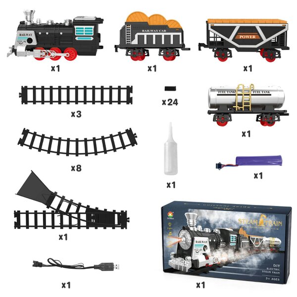 deAO Toys deAO Electric Steam Train Playset with Track, Lights, Music & Smoke Classic Railway Locomotive Toy Black