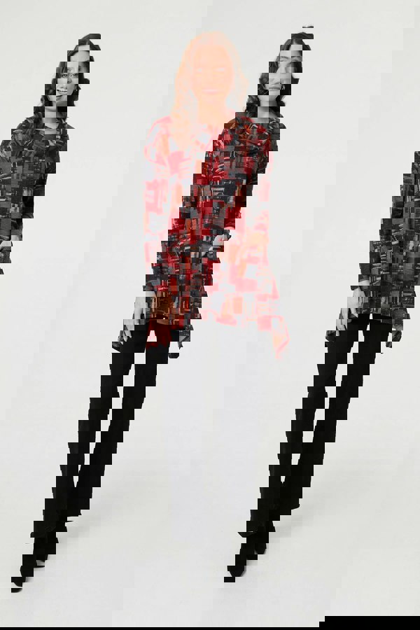 Red | Printed Long Sleeve Cowl Neck Tunic Top
