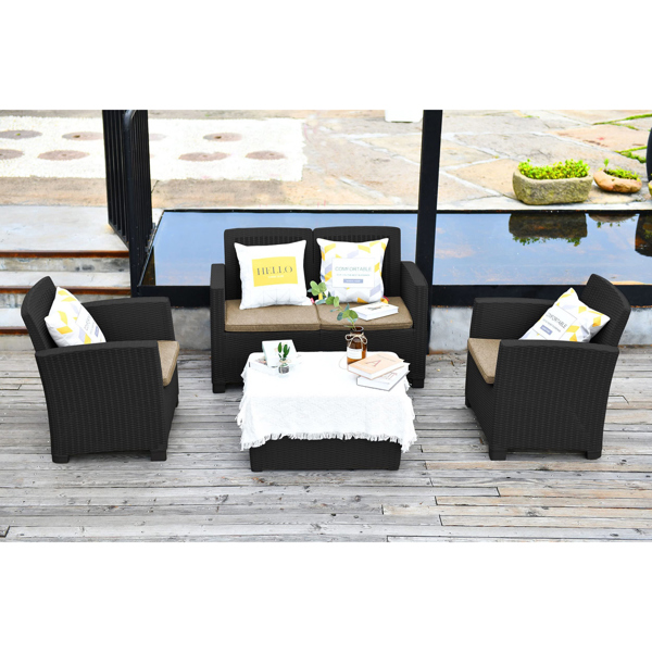 Centurion Supports SANTANA 4 Piece PE Rattan 4-Seater with Cushions Garden Furniture and Coffee Table Set in Black