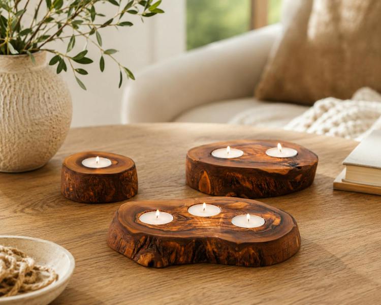Verano Spanish Ceramics Set of 3 - Olive Wood Rustic Tea Light Holders&nbsp;&nbsp;