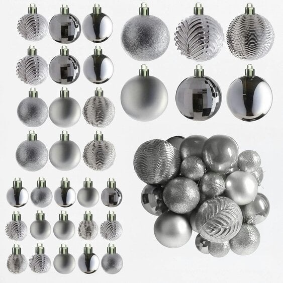 Neo Silver 36 Christmas Tree Ornaments Set Baubles Glitter Balls Holiday Festive Decorations Assorted Sizes Colours Home Party Décor