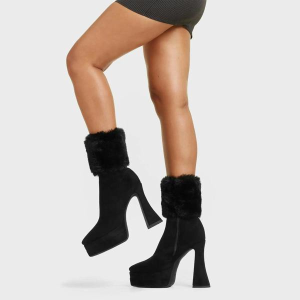 Lamoda Cupcake Platform Ankle Boots for Women Black Suede with Fur Accent