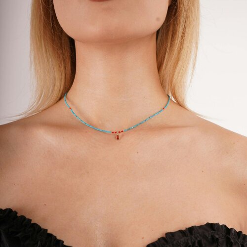 Spero London Turquoise Beaded Sterling Silver Red Gemstone Necklace