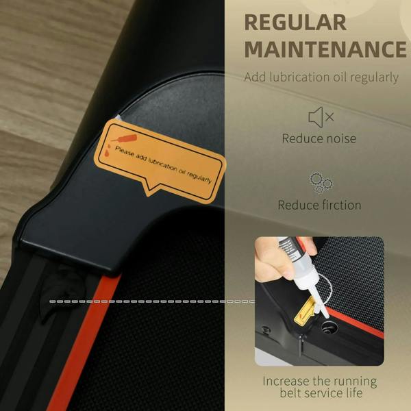 Black treadmill deck with orange maintenance label area and belt lubrication point