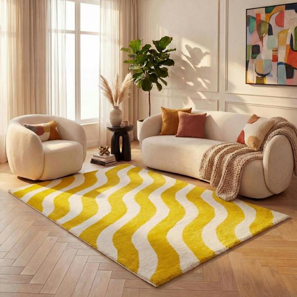 Patterned fabric with wavy yellow and white lines rug