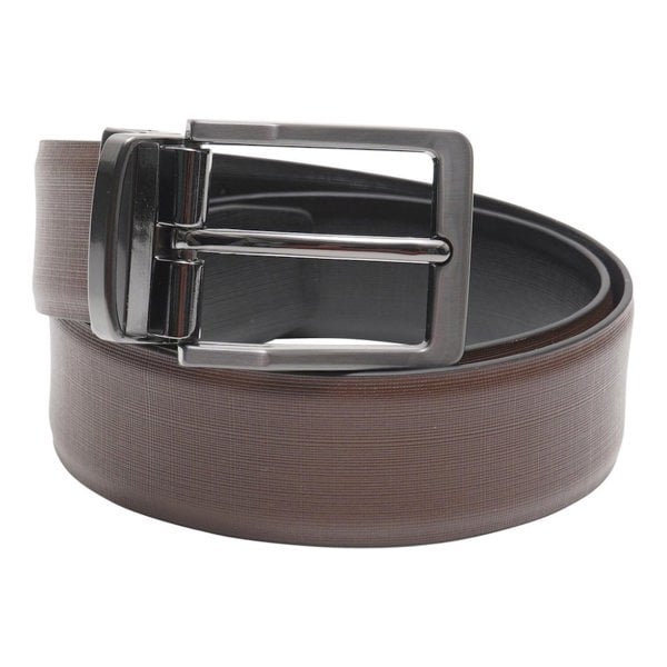 This image shows a brown reversible Barneys Originals belt. The belt has a silver buckle. On the reverse side the belt is black.