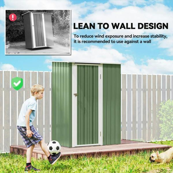 Green metal garden storage shed with lean-to-wall placement design shown