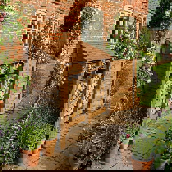 Arbor Garden Solutions Wooden Log Store with Door and Shelf W-146cm, H-126cm or 180cm, D-88cm - Brown Finish