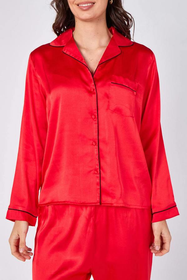 Elaina Fashion Red Long sleeve satin Pj set with pockets