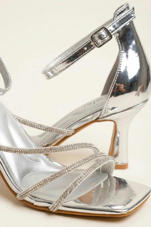 Saoirse Patent Rhinestone Strap Square Sandals - Silver