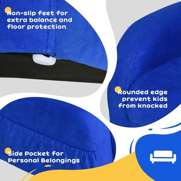 Blue kids sofa bed with non-slip feet and rounded edges, padded fabric and stitching